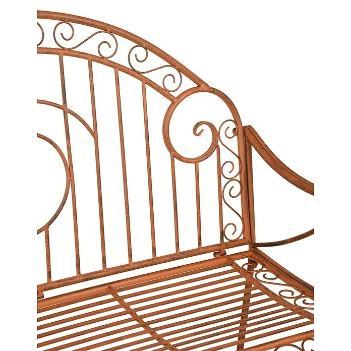 Garden Pleasure Gartenbank Cameroon - B x T x H: 112 x 53 x 101 cm, Stahl, Rost-Bronze - Nahaufnahme einer rostfarbenen Gartenbank aus Metall mit dekorativen Verzierungen. Die Bank hat ein filigranes Design mit geschwungenen Elementen.