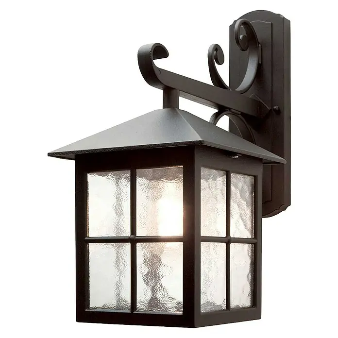 Elstead Außenwandleuchte Winchester - 60 W, 31 x 40 x 40 cm, Schwarz, IP23 - Nahaufnahme einer rustikalen Wandleuchte mit klarem Glas und filigranen Details, die eine warme Atmosphäre erzeugt.