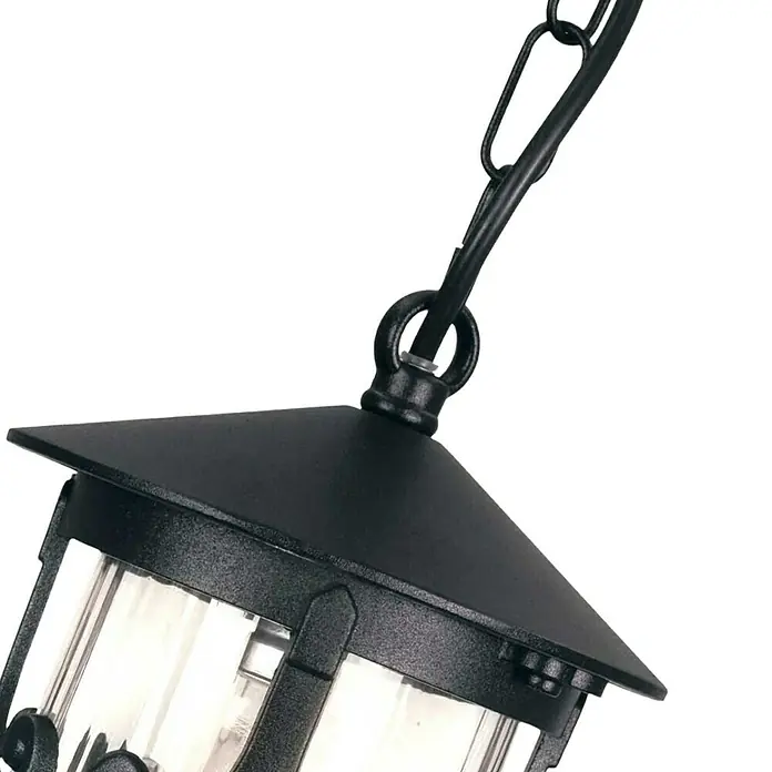 Elstead Pendelleuchte Hereford - 60 W, L x B x H: 15 x 15 x 40,5 cm, Schwarz, E27 - Eine schwarze Laterne mit einem klaren Glaskörper und einer Kettenaufhängung, die ein warmes und einladendes Licht ausstrahlt.