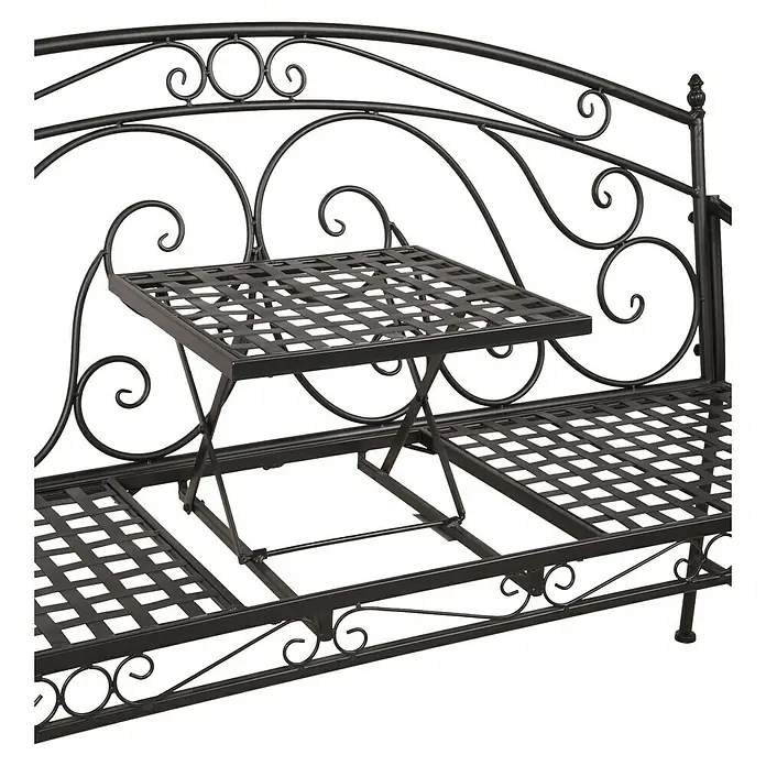 Garden Pleasure Gartenbank Saket mit hochklappbarem Tisch - B x T x H: 148 x 55 x 96 cm, Stahl, Schwarz - Eine detailreiche, schwarze Gartenbank aus Metall mit integriertem Tisch, ideal für entspannte Stunden im Freien. Filigrane Verzierungen zieren das Design.