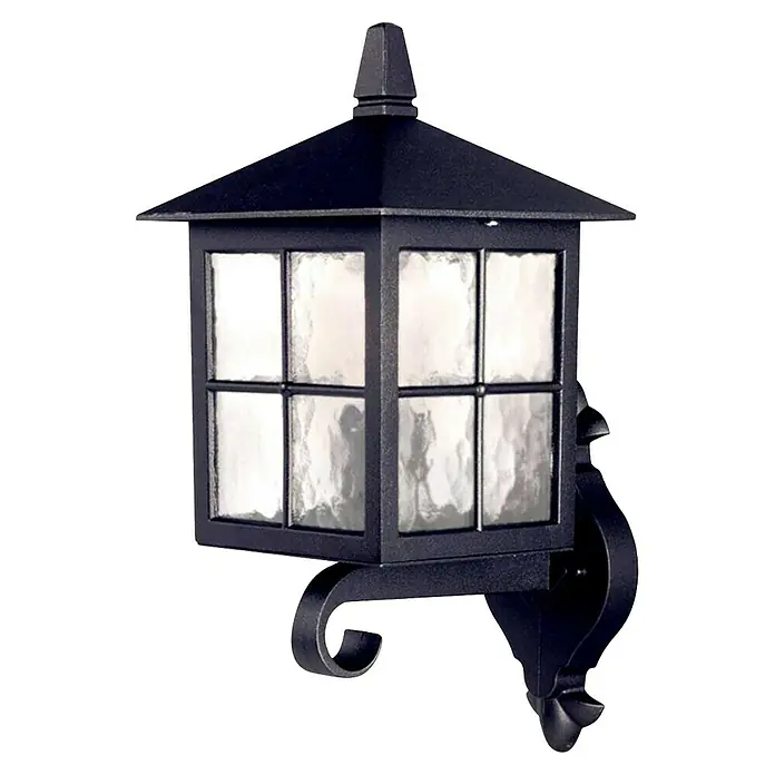 Elstead Außenwandleuchte Winchester - 60 W, 24,6 x 38,5 x 38,5 cm, Schwarz, IP44 - Nahaufnahme einer schwarzen Außenwandleuchte mit strukturiertem Glas und dekorativen Details.