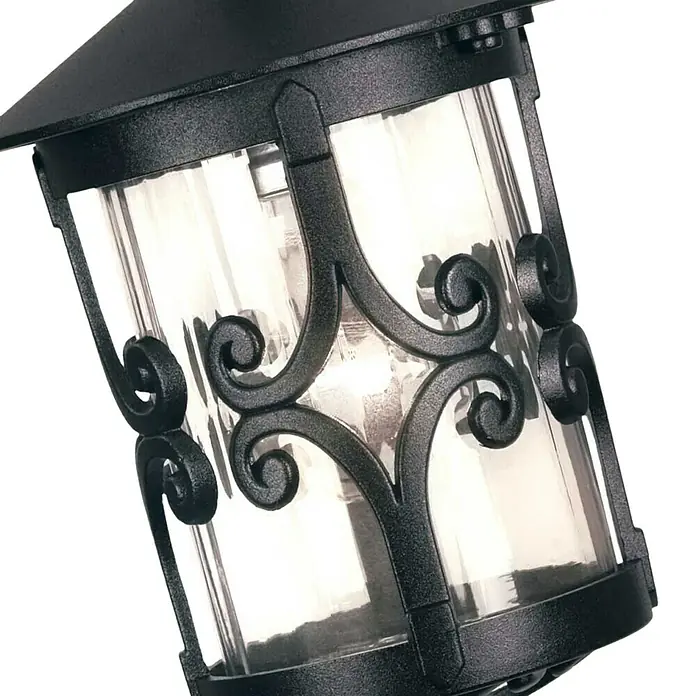 Elstead Pendelleuchte Hereford - 60 W, L x B x H: 15 x 15 x 40,5 cm, Schwarz, E27 - Nahaufnahme einer stilvollen schwarzen Laterne mit dekorativen Ornamenten und klarem Glas, ideal für den Außenbereich.