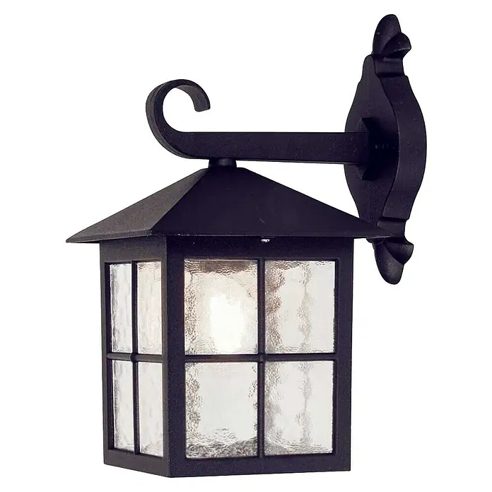 Elstead Außenwandleuchte Winchester - 60 W, 23,7 x 33,5 x 33,5 cm, Schwarz, IP23 - Eine detaillierte Aufnahme einer schwarzen Wandleuchte mit Glasscheiben und einem dekorativen Arm.