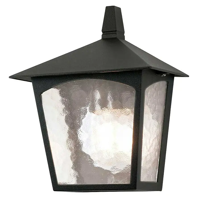 Elstead Außenwandleuchte York - 60 W, 14 x 28 x 28 cm, Schwarz, IP23 - Nahaufnahme einer schwarzen Außenwandleuchte mit strukturierter Glasfront, die ein warmes Licht ausstrahlt.