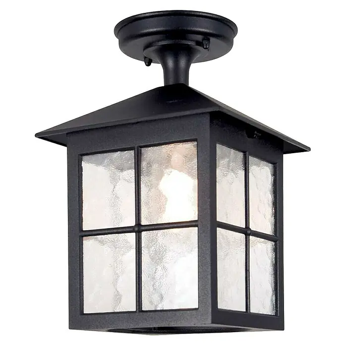 Elstead Außenleuchte Winchester - 60 W, Farbe Gehäuse: Schwarz, 18,5 x 18,5 x 28 cm, Mit Leuchtmittel - Eine schwarze, sechseckige Deckenleuchte mit strukturierten Glasscheiben und einem modernen, industriellen Stil, ideal für den Außenbereich.
