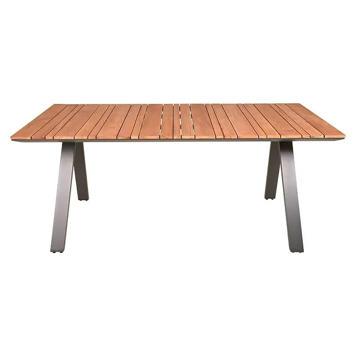 Garden Pleasure Gartentisch Davina - L x B x H: 180 x 90 x 74 cm, Teak, Natur/Anthrazit - Detailansicht eines rechteckigen Gartentisches aus Holzlatten und Metallgestell. Der Tisch präsentiert eine moderne und robuste Bauweise.