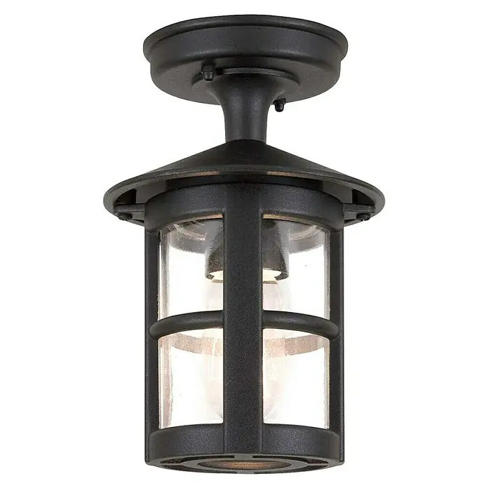 Elstead Außenwandleuchte Hereford - 60 W, 15 x 15 x 23,5 cm, Schwarz, IP23 - Nahaufnahme einer schwarzen, zylindrischen Außenleuchte mit klarem Glasdiffusor und dekorativen Metallrahmen. Ideal für Haustüren und Terrassen.