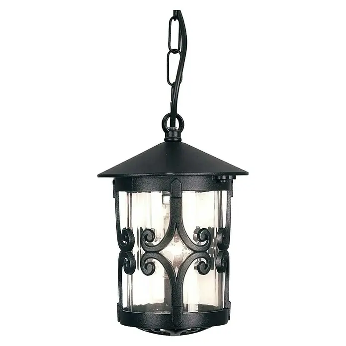 Elstead Pendelleuchte Hereford - 60 W, L x B x H: 15 x 15 x 40,5 cm, Schwarz, E27 - Nahaufnahme einer rustikalen, schwarzen Außenlaterne mit klarem Glas und dekorativen Schmiedeeisenelementen.