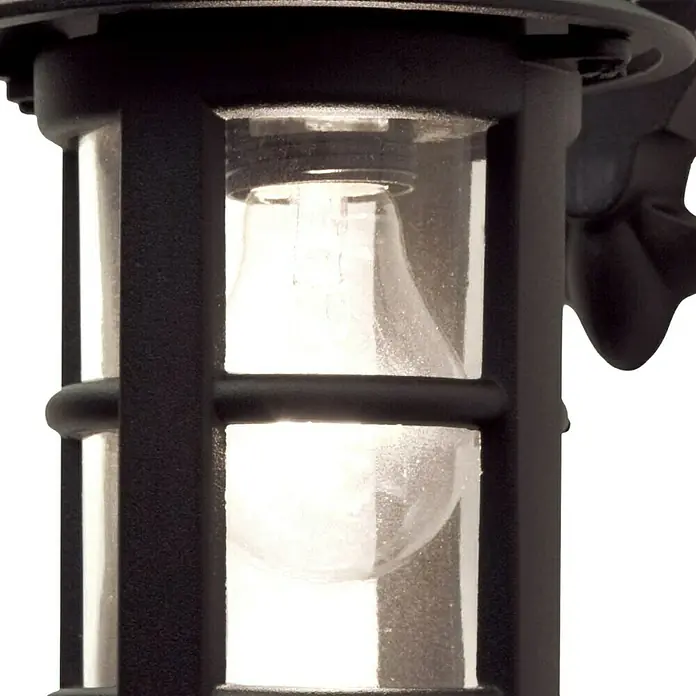 Elstead Außenwandleuchte Hereford - 60 W, 22,1 x 29,4 x 29,4 cm, Schwarz, IP43 - Nahaufnahme einer schwarzen Außenleuchte mit einer hell leuchtenden Glühbirne hinter einem klaren Glasgehäuse.