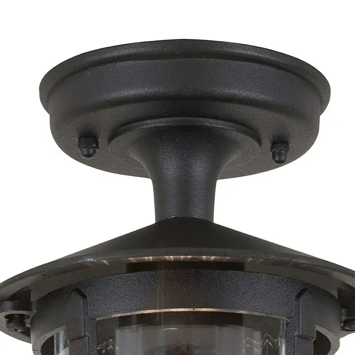 Elstead Außenwandleuchte Hereford - 60 W, 15 x 15 x 26 cm, Schwarz, IP23 - Nahaufnahme einer schwarzen Außenleuchte mit dekorativen Elementen und einer robusten Konstruktion.