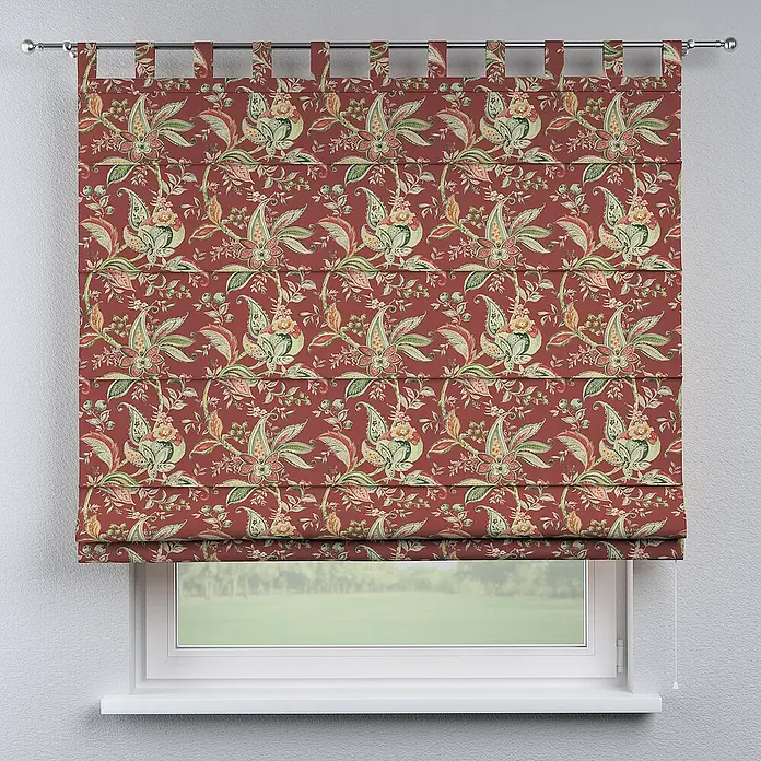 Dekoria Raffrollo - B x H: 100 x 170 cm - Dekoratives Blumen-Raffrollo in Rot vor einem Fenster. Das Rollo ist mit einem farbenfrohen Blumenmuster versehen und bietet Sichtschutz.