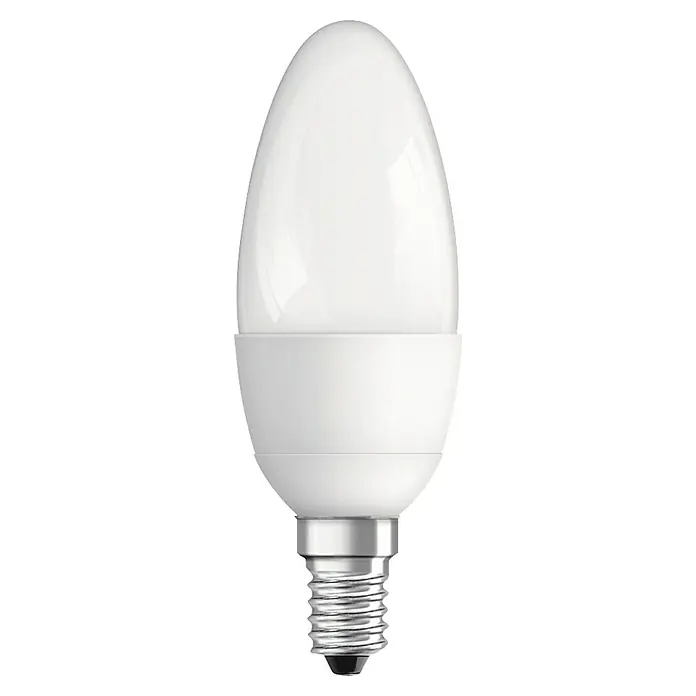 Osram LED-Lampen Set Kerzenform E14 matt - E14, Warmweiß, 470 lm, 5,3 W, 3 Stk. - Nahaufnahme einer LED-Lampe in Kerzenform mit E14-Sockel, ideal für stimmungsvolle Beleuchtung und Energieeffizienz.