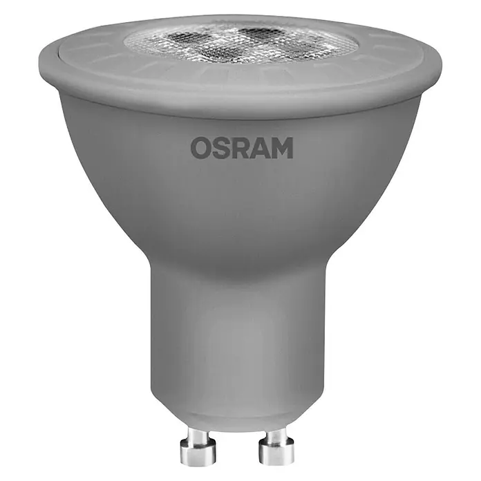Osram Set de bombillas LED PAR16 - GU10, No regulable, Blanco cálido, 350 lm, 4,3 W, 3 ud. - Primer plano de una lámpara LED gris de OSRAM, que ofrece soluciones de iluminación energéticamente eficientes para interiores modernos.