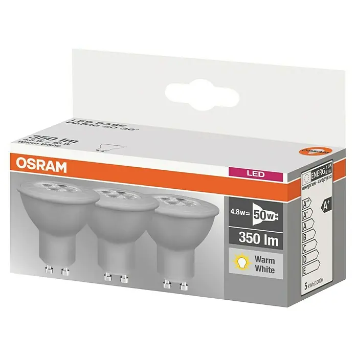 Osram Set de bombillas LED PAR16 - GU10, No regulable, Blanco cálido, 350 lm, 4,3 W, 3 ud. - Paquete de 3 bombillas LED Osram, 4,8 W equivalente a 50 W, 350 lm, blanco cálido, clase energética A+.