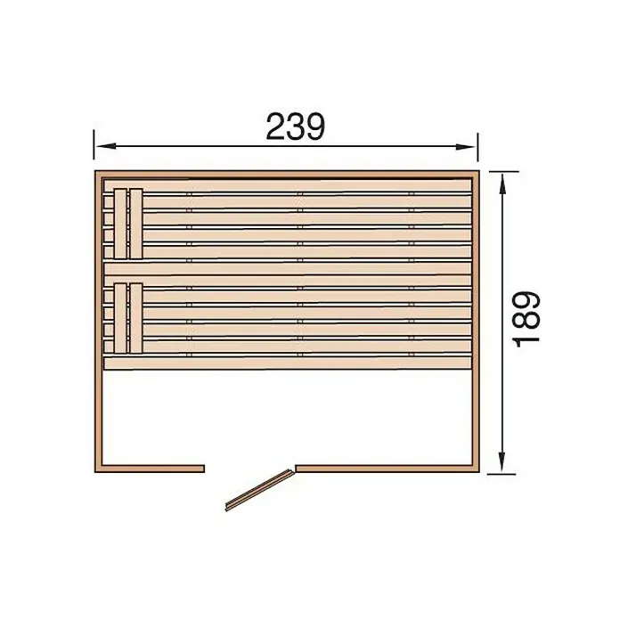 Weka Massivholzsauna Valida 4 GTF - L x B x H: 189 x 239 x 203,5 cm - Grundriss einer Sauna mit den Maßen 239 x 189 cm, der die Anordnung der Sitzbänke und den Eingangsbereich zeigt.\n