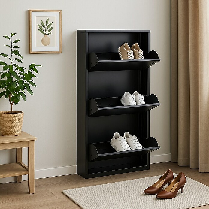 Zapatero Dunne (L x An x Al: 13,5 x 50 x 103,5 cm, Negro, Número de compartimentos: 3 ud., Metal) | BAUHAUS