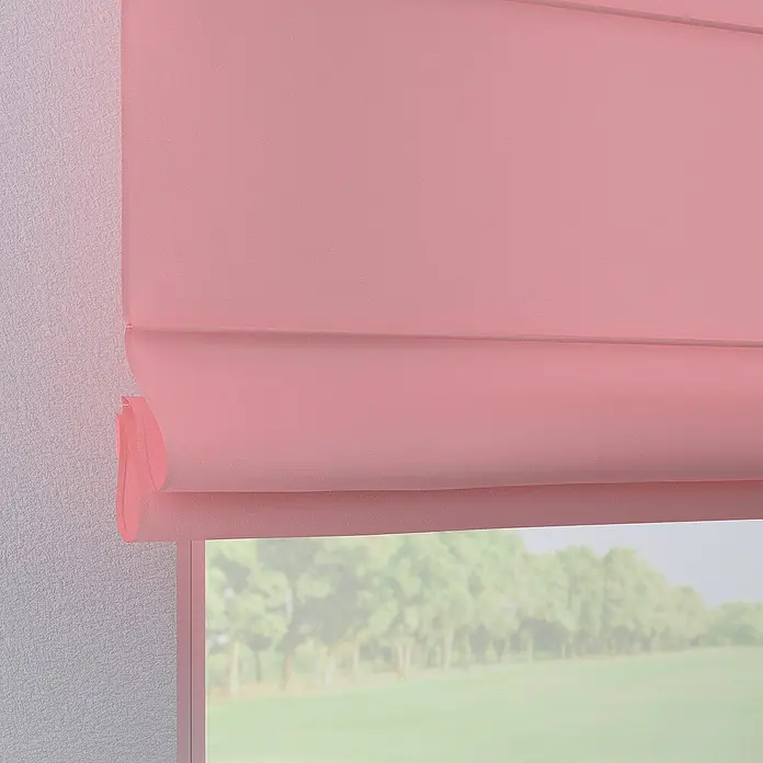 Dekoria Raffrollo - B x H: 100 x 170 cm - Nahaufnahme eines rosa Rollos mit Blick aus dem Fenster, das für Privatsphäre und Schatten sorgt.