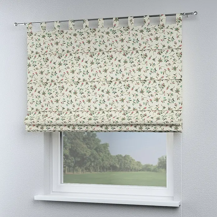 Dekoria Raffrollo - B x H: 120 x 160 cm - Ein elegantes Römisches Rollo mit einem floralen Muster hängt an einer Gardinenstange vor einem Fenster und sorgt für Sichtschutz.