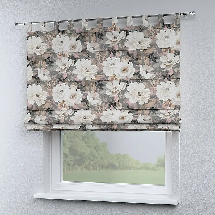 Dekoria Raffrollo - B x H: 130 x 170 cm - Ein Blumen-Raffrollo mit weißen Blüten und grauem Hintergrund schmückt ein Fenster und verleiht dem Raum eine elegante Note.