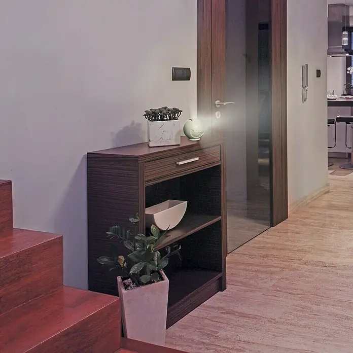 Voltomat Sensor de movimiento - Equipamiento: Detector de movimiento, Blanco, LED - Una elegante cómoda de madera oscura con plantas de interior y objetos de decoración, junto a una escalera y una puerta abierta.