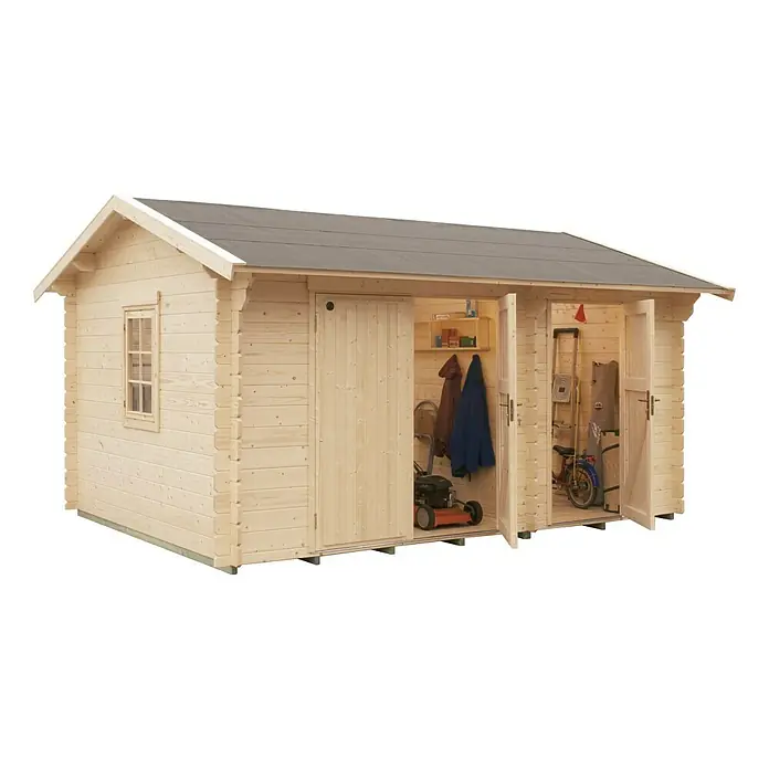 Kiehnholz Gartenhaus Lahja - Außenmaß inkl. Dachüberstand (B x T): 353 x 340 cm, Holz, Natur - Geräumiges Holzgartenhaus mit Doppeltüren und Fenster, ideal zur Aufbewahrung von Gartengeräten und Werkzeugen. Praktische Lösung für mehr Stauraum im Garten.