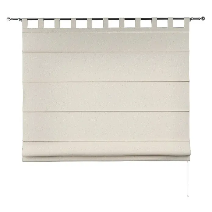Dekoria Raffrollo - B x H: 120 x 160 cm - Eine Nahaufnahme einer beigefarbenen, horizontal gefalteten Römerstore, die an einer silbernen Stange mit Schlaufenaufhängung befestigt ist.
