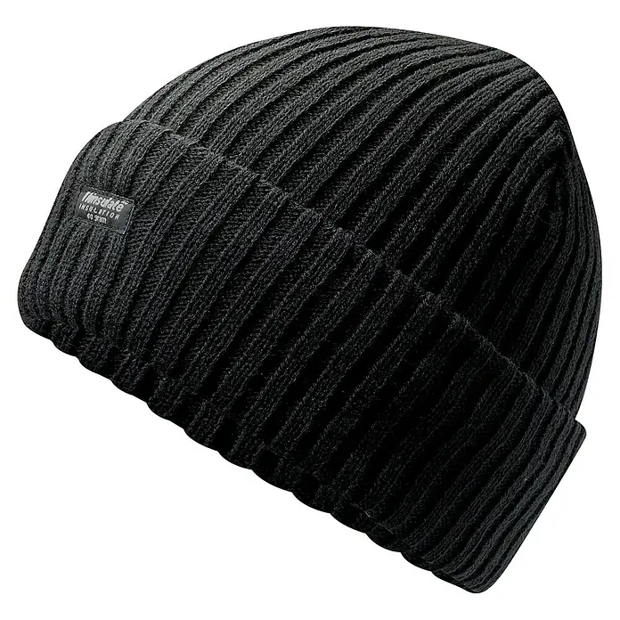 Strickmütze - Schwarz - Schwarze Thinsulate-Mütze mit Rippstrickmuster, ideal für kalte Tage, bietet Wärme und Komfort.