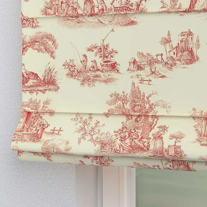 Dekoria Raffrollo - B x H: 100 x 170 cm - Detailaufnahme eines rot-weißen Raffrollos mit idyllischem Toile-de-Jouy-Muster, das eine klassische Eleganz ausstrahlt und das Fenster stilvoll dekoriert.