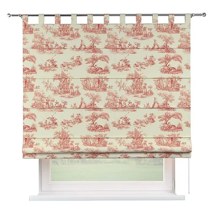 Dekoria Raffrollo - B x H: 100 x 170 cm - Elegantes rot-weißes Roman Shade mit einem klassischen Toile-de-Jouy-Muster, das jedem Raum eine stilvolle Note verleiht.