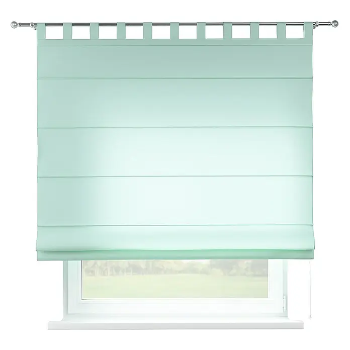Dekoria Raffrollo - B x H: 100 x 170 cm - Helle, mintgrüne Raffrollos mit Schlaufenaufhängung an einer Gardinenstange vor einem Fenster mit Blick ins Grüne.
