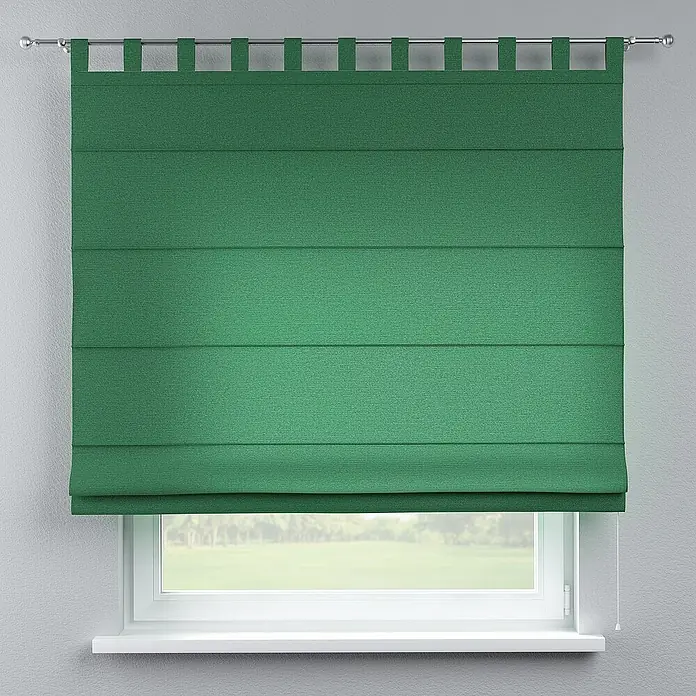 Dekoria Raffrollo - B x H: 130 x 170 cm - Grünes Raffrollo mit Schlaufenaufhängung vor einem Fenster, das einen Blick ins Grüne freigibt. Ideal für Wohnräume und Büros.
