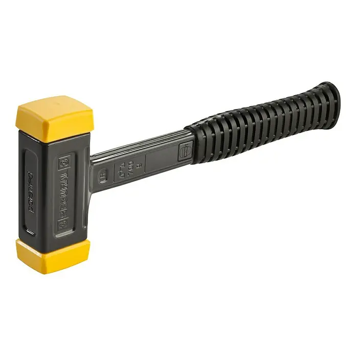 Halder Secural Schonhammer - Maße Kopf: 30 x 40 mm, Mittelhart - Nahaufnahme eines gelb-schwarzen SECURAL Schonhammers mit einem geriffelten Griff für komfortables und sicheres Arbeiten.