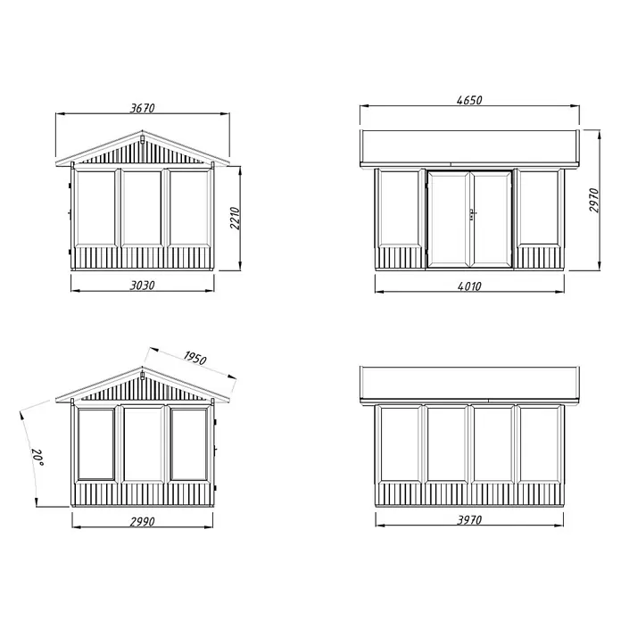 Palmako Gartenhaus Isabella - Außenmaß inkl. Dachüberstand (B x T): 465 x 367 cm, Unbehandeltes Holz, Natur - Bauplan eines Pavillons mit verschiedenen Ansichten, inklusive Maßangaben für die Konstruktion und Dachneigung.