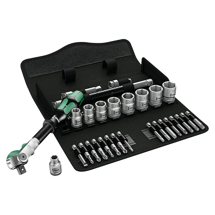 Wera Steckschlüssel-Set Zyklop 8100 - 29 -tlg., Antriebsgröße: ⅜″ - Wera Werkzeugsatz mit Ratsche, Nüssen und Bits, ordentlich in einer schwarzen Tasche verstaut. Ideal für Profis und Heimwerker.