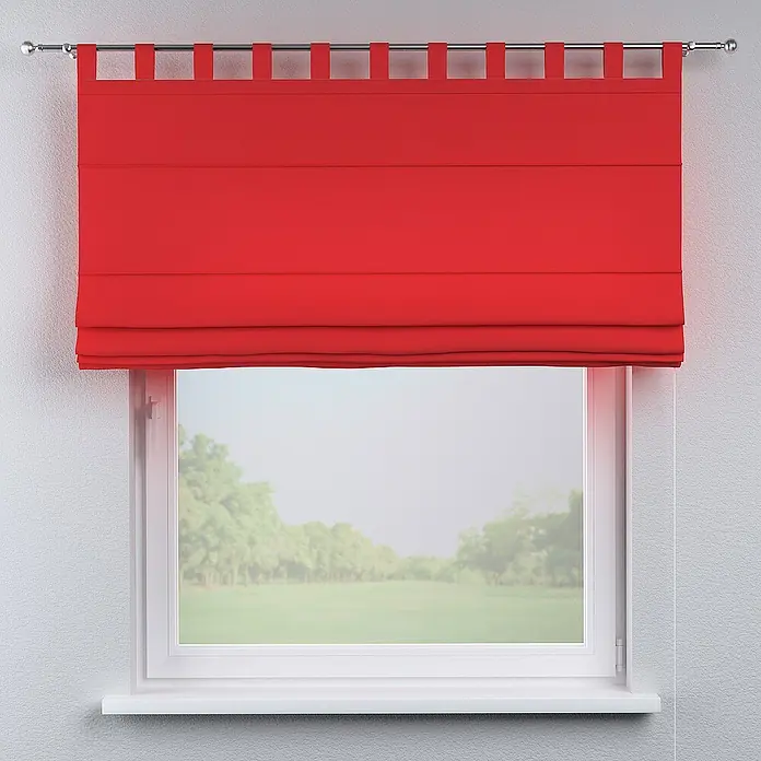 Dekoria Raffrollo - B x H: 100 x 170 cm - Rote Raffrollos mit Schlaufenaufhängung vor einem Fenster, das eine Aussicht auf eine grüne Landschaft bietet. Ideal für ein stilvolles Zuhause.