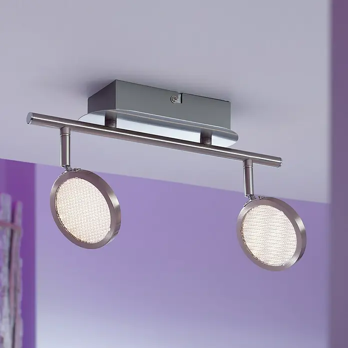 Tween Light Regleta LED Ganda - 6,6 W, L x An x Al: 315 x 90 x 190 mm, Níquel mate, Blanco cálido, 2 ud. - Esta imagen muestra una lámpara de techo moderna con dos focos redondos, ideal para una iluminación elegante y funcional.
