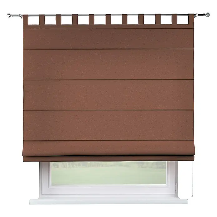 Dekoria Raffrollo - B x H: 100 x 170 cm - Nahaufnahme einer braunen Raffgardine vor einem Fenster, die eine gemütliche und stilvolle Fensterdekoration darstellt.