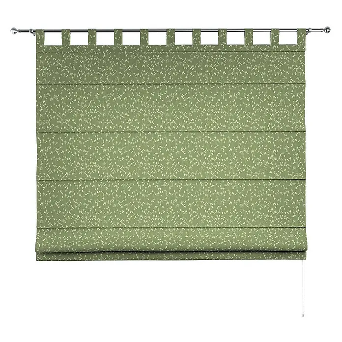 Dekoria Raffrollo - B x H: 100 x 170 cm - Grüne, gemusterte Römerrollos mit Stoffschlaufenaufhängung an einer silbernen Gardinenstange, die das Fenster dekorativ verdunkeln.