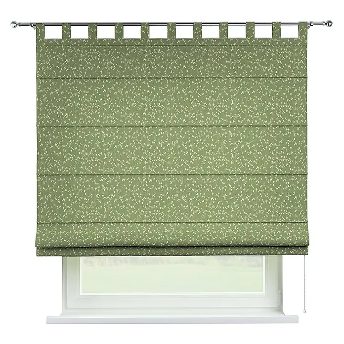 Dekoria Raffrollo - B x H: 100 x 170 cm - Grüner gemusterter Vorhang mit Schlaufenaufhängung an einer Gardinenstange vor einem Fenster, der einen eleganten Sichtschutz bietet.