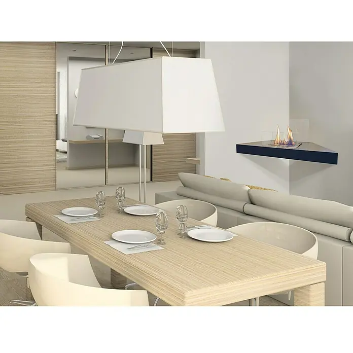 Purline Chimenea de bioetanol Prometeo - 30 x 110 x 35 cm, Negro - Interior elegante con una chimenea de bioetanol moderna en la pared, que aporta calidez y estilo a la habitación.