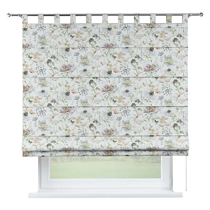 Dekoria Raffrollo - B x H: 130 x 170 cm - Eine floral gemusterte, geraffte Römergardine hängt vor einem Fenster. Das Rollo bietet ein sanftes, dekoratives Element für jeden Raum.
