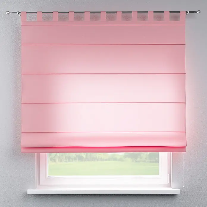 Dekoria Raffrollo - B x H: 130 x 170 cm - Ein elegantes, rosafarbenes Römisches Rollo mit Schlaufenaufhängung, das sanftes Licht in den Raum lässt und eine warme Atmosphäre schafft.