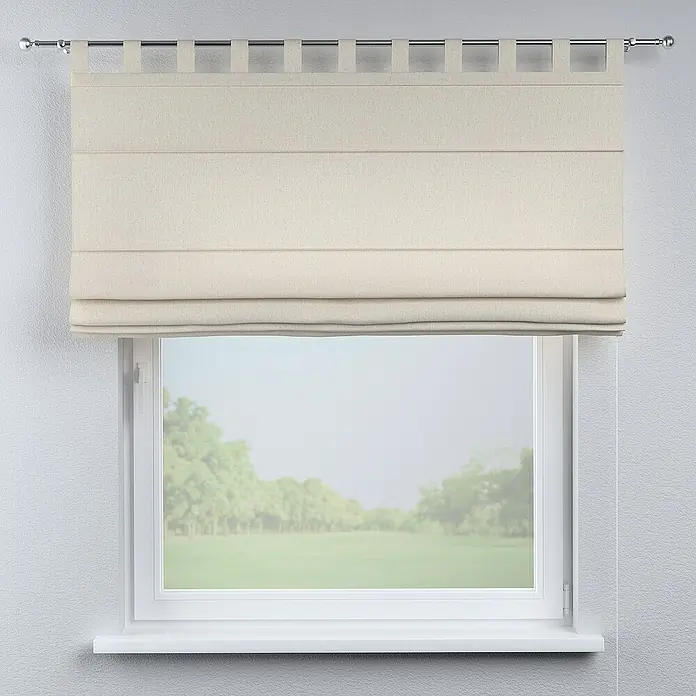 Dekoria Raffrollo - B x H: 100 x 170 cm - Beige Raffrollos mit Schlaufenaufhängung vor einem Fenster, das auf eine grüne Landschaft blickt. Die Rollos sind teilweise heruntergelassen.