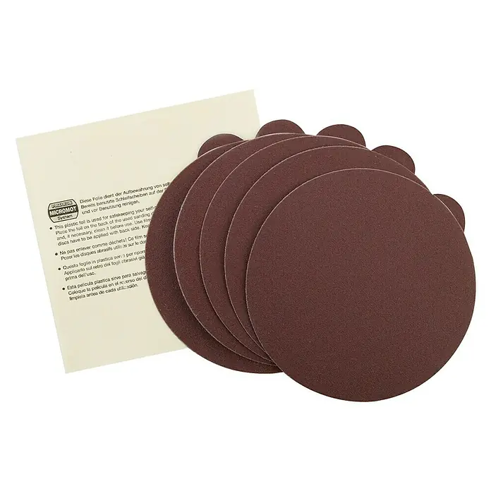 Proxxon Schleifscheibe No 28972 - 250 mm, Körnung: 150, Selbstklebend, 5 Stk. - Schleifscheiben-Set von Proxxon Micromot. Die Packung enthält mehrere Schleifscheiben und eine Folie zur Aufbewahrung der gebrauchten Scheiben.