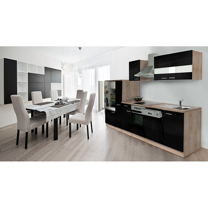 Respekta Composición de cocina (Ancho: 310 cm, Con dispositivos eléctricos, Negro)