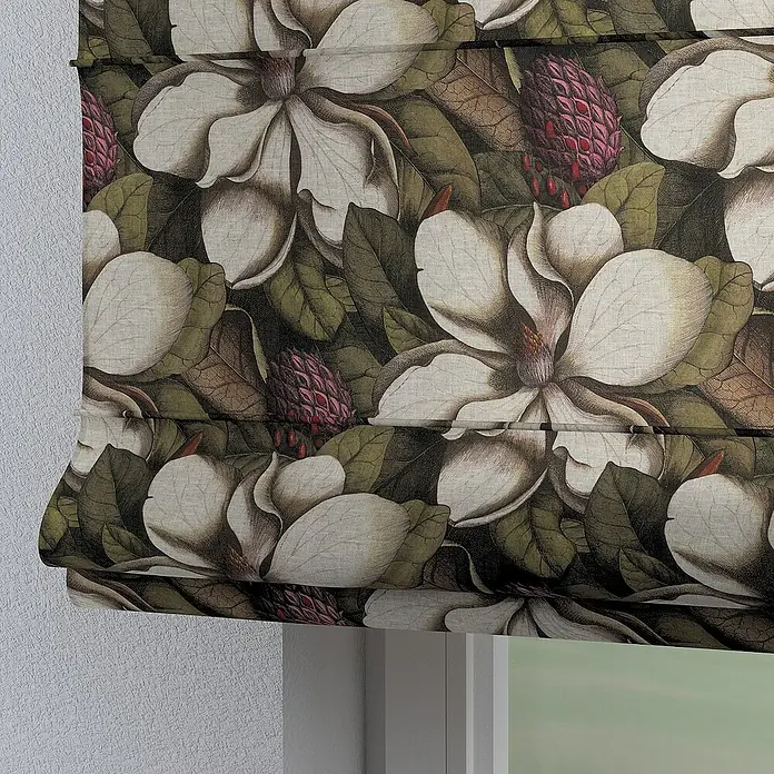 Dekoria Raffrollo - B x H: 120 x 160 cm - Eine Nahaufnahme eines eleganten Faltrollos mit Magnolienblütenmuster, das ein stilvolles und natürliches Ambiente in jeden Raum bringt.