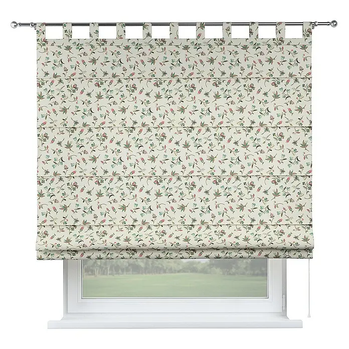 Dekoria Raffrollo - B x H: 100 x 170 cm - Eine Stoff-Raffgardine mit Blumenmuster hängt vor einem Fenster und sorgt für einen Hauch von Natur im Raum.