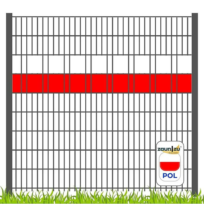 zaun|zu Sichtschutzstreifen Polen - 2,55 m x 19 cm x 0,1 cm, Rot/Weiß, Volle Streifenbreite - Abbildung eines Zaunpaneels mit einer roten horizontalen Linie, ergänzt durch ein Logo und Gras im Vordergrund.