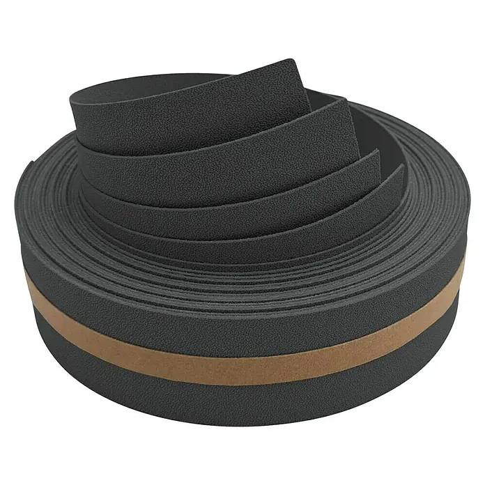zaun|zu Sichtschutzstreifen Premium 1/4 Set - 2,55 m x 4,7 cm x 0,1 cm, Anthrazit - Aufgerolltes, strukturiertes, graues Bodenbelagsprodukt mit braunem Streifen, ideal für moderne Innenräume.