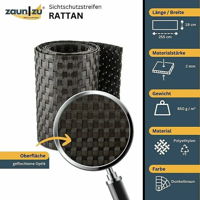 zaun|zu Sichtschutzstreifen Rattan Einzel - 2,55 m x 19 cm x 0,2 cm, Dunkelbraun - Das Bild zeigt einen braunen Sichtschutzstreifen aus Rattan, der sich ideal für den Garten oder Balkon eignet. Er ist robust, langlebig und pflegeleicht.